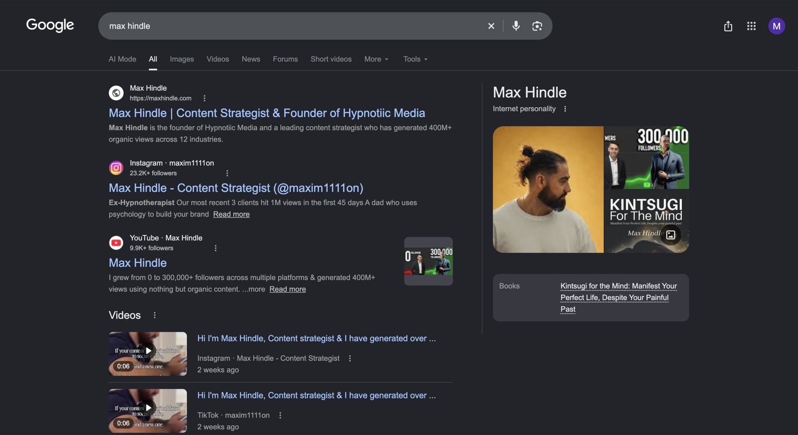 Google search for Max Hindle with his Google profile on the right